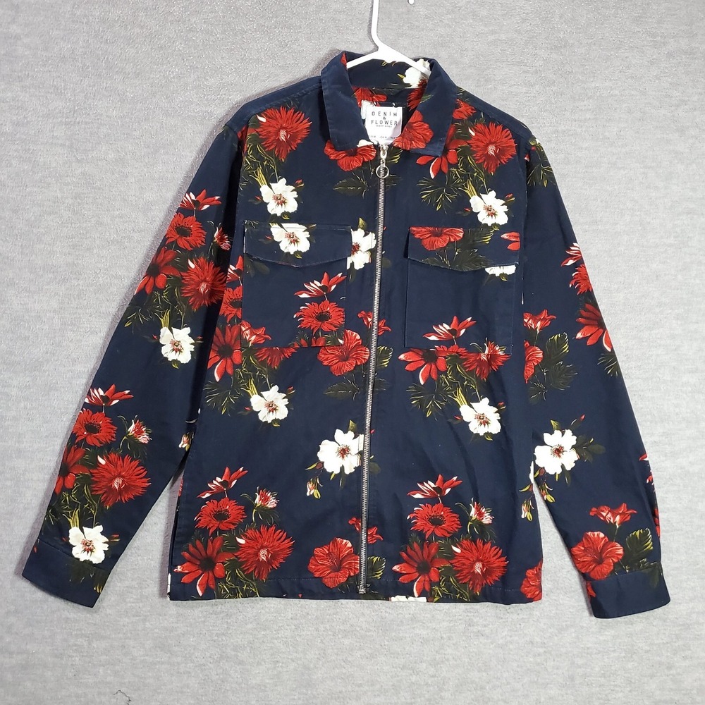 Denim &‎ Flower Women Jacket Medium Blue Floral Pockets Full Zip